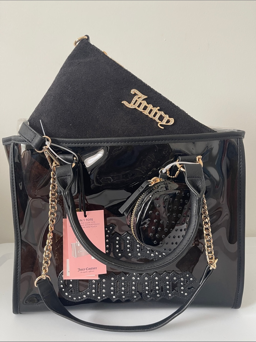 Juicy Couture Black Clear Tote with Gold Chain Accents